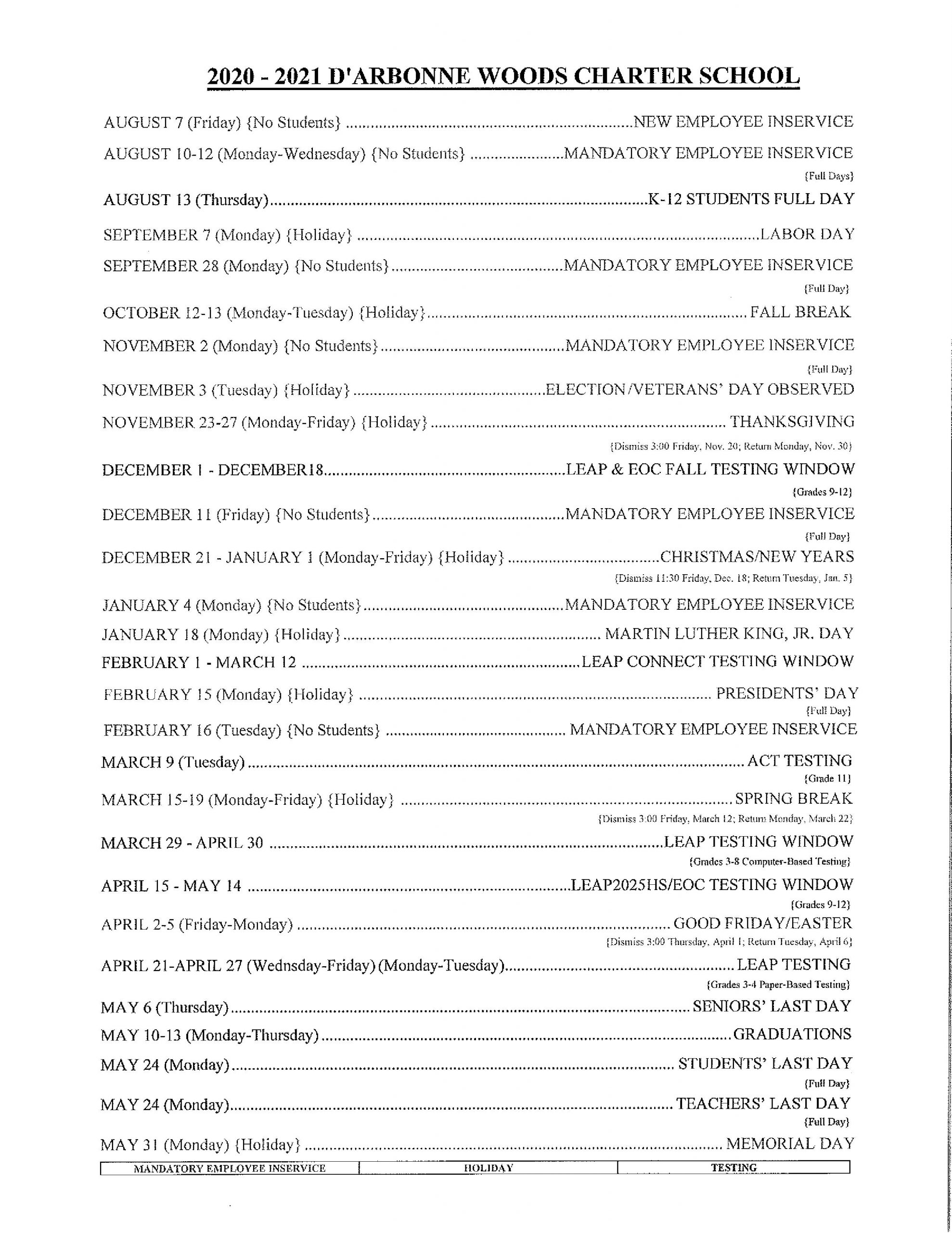 Revised School Calendar D'Arbonne Woods Charter School Gallery of Visuals