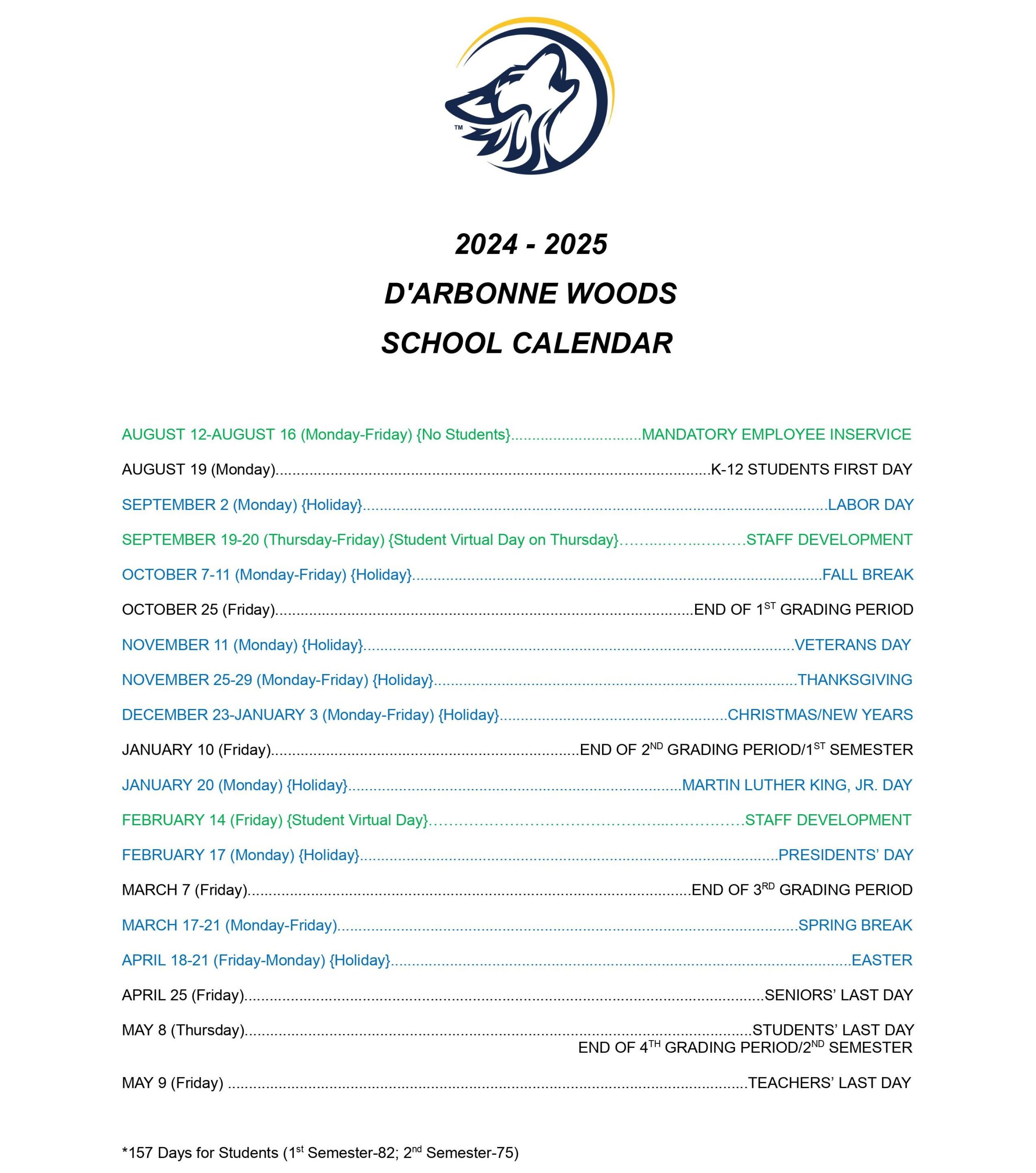 2024 2025 School Calendar D Arbonne Woods Charter School