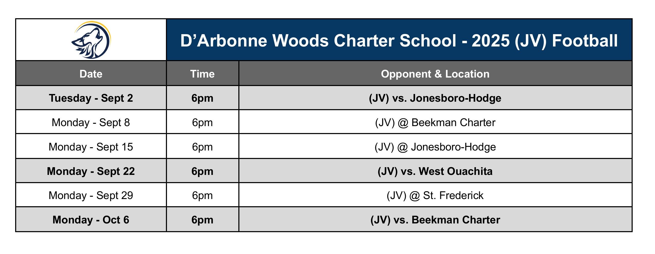 DWCS - (JV) Football Schedule 25-26