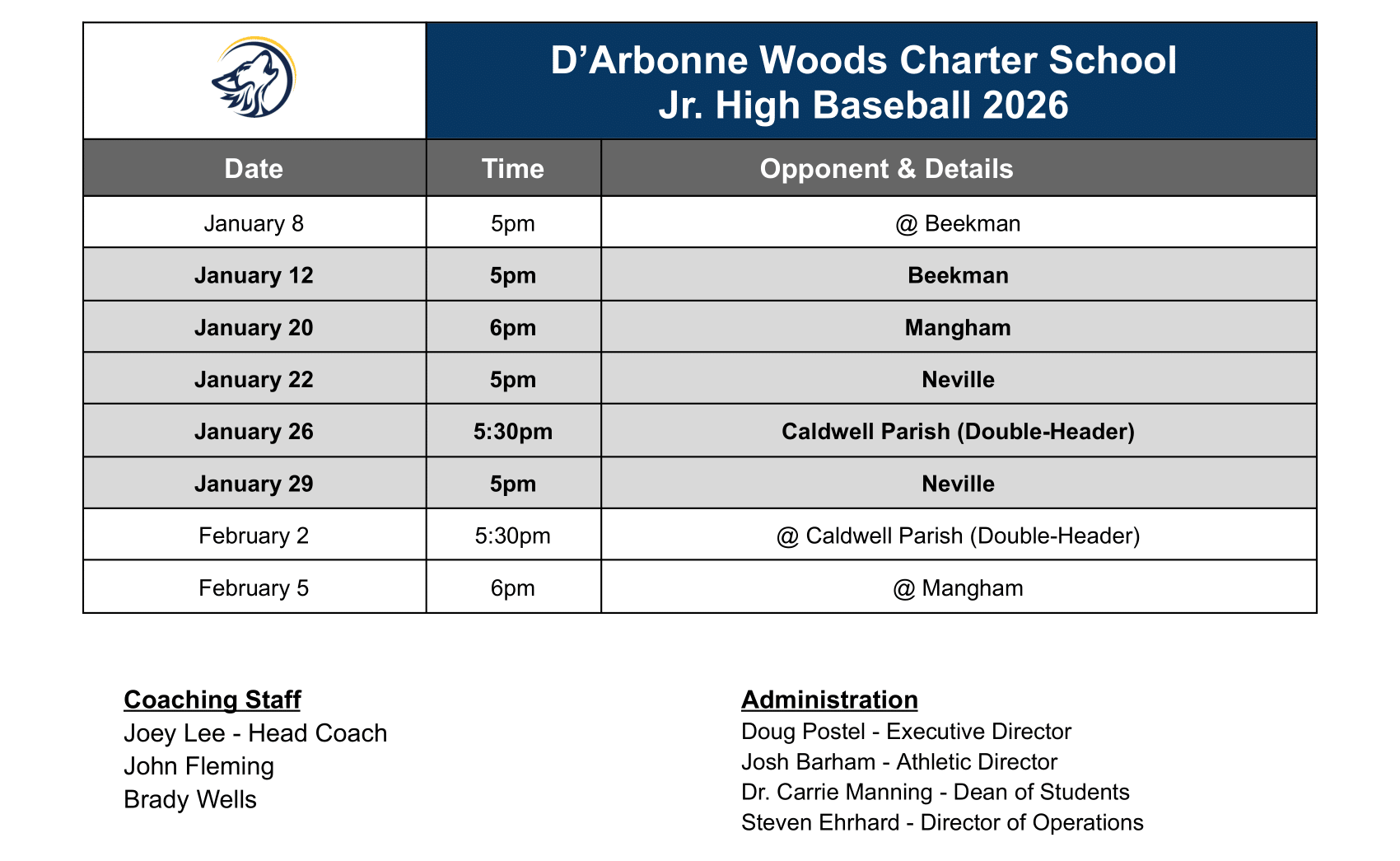 2026 Jr. High Baseball Schedule