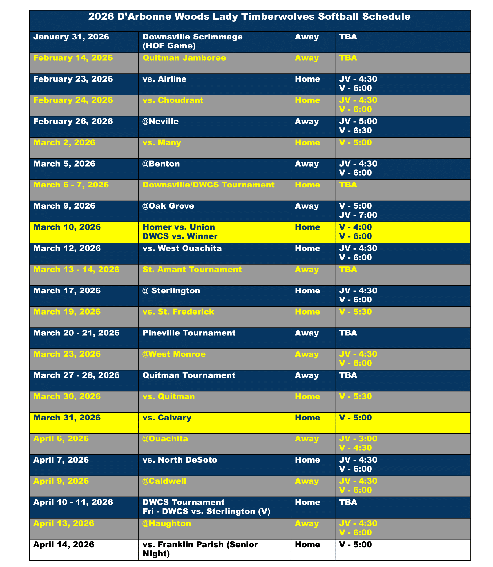 2026 Softball Varsity Schedule
